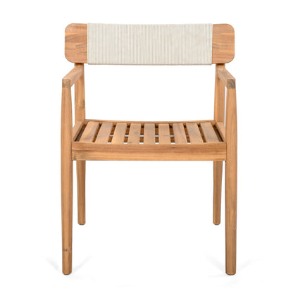 Creative Braided Acacia Wood Outdoor Dining Table and Chairs with Armrests, Teak Look & White Rope, Set of 2