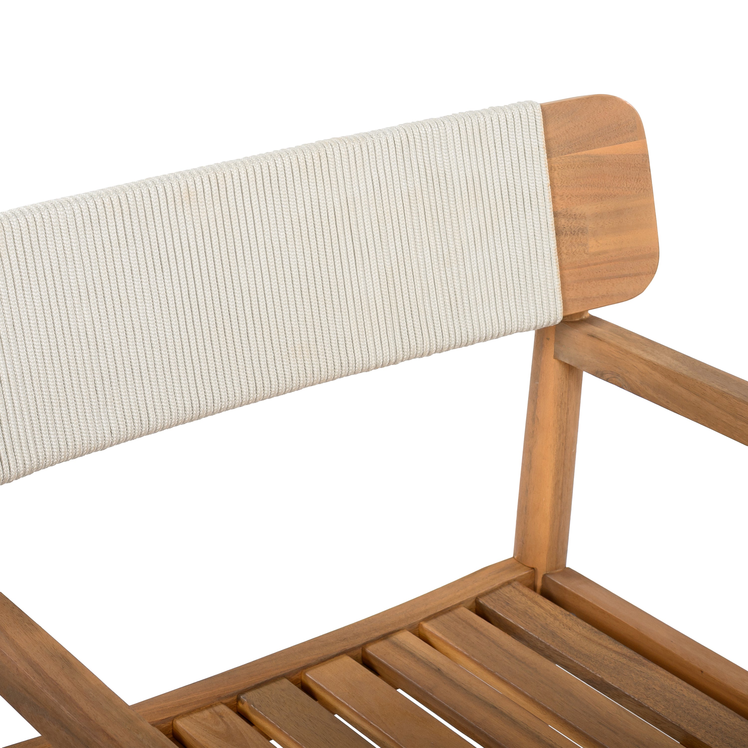 Creative Braided Acacia Wood Outdoor Dining Table and Chairs with Armrests, Teak Look & White Rope, Set of 2