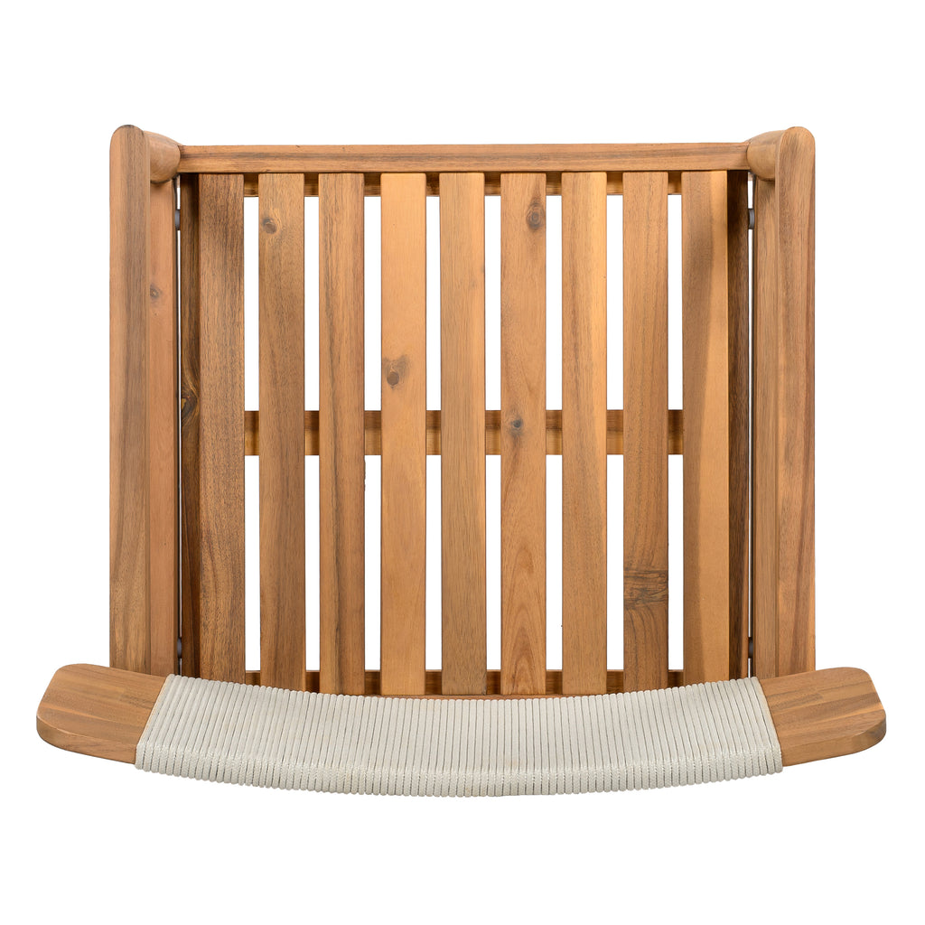 Creative Braided Acacia Wood Outdoor Dining Table and Chairs with Armrests, Teak Look & White Rope, Set of 2