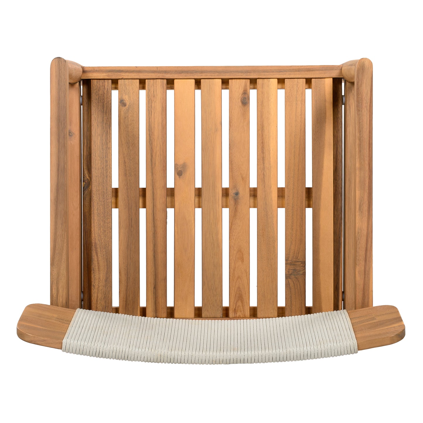 Creative Braided Acacia Wood Outdoor Dining Table and Chairs with Armrests, Teak Look & White Rope, Set of 2