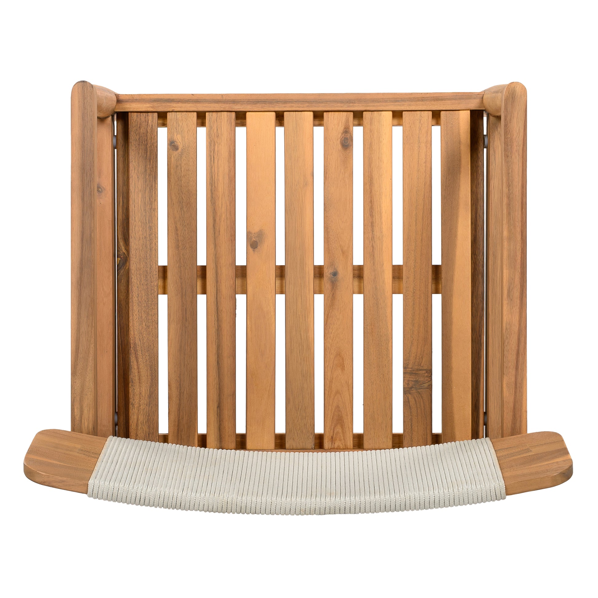 Creative Braided Acacia Wood Outdoor Dining Table and Chairs with Armrests, Teak Look & White Rope, Set of 2