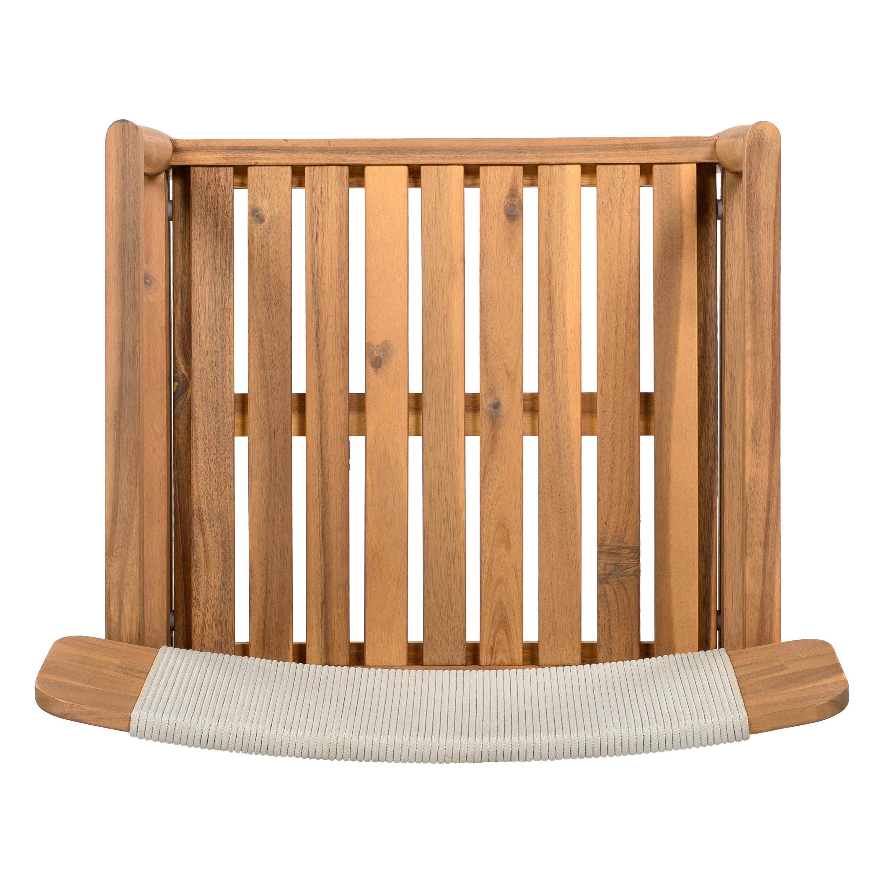 Creative Braided Acacia Wood Outdoor Dining Table and Chairs with Armrests, Teak Look & White Rope, Set of 2