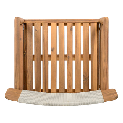 Creative Braided Acacia Wood Outdoor Dining Table and Chairs with Armrests, Teak Look & White Rope, Set of 2