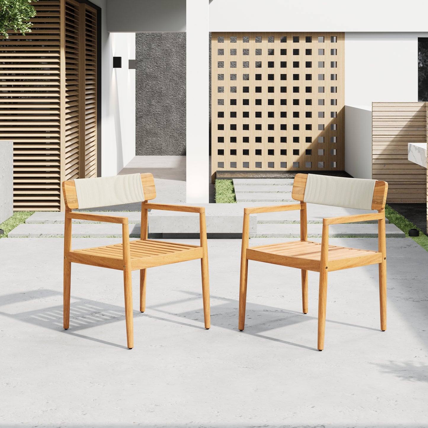 Creative Braided Acacia Wood Outdoor Dining Table and Chairs with Armrests, Teak Look & White Rope, Set of 2