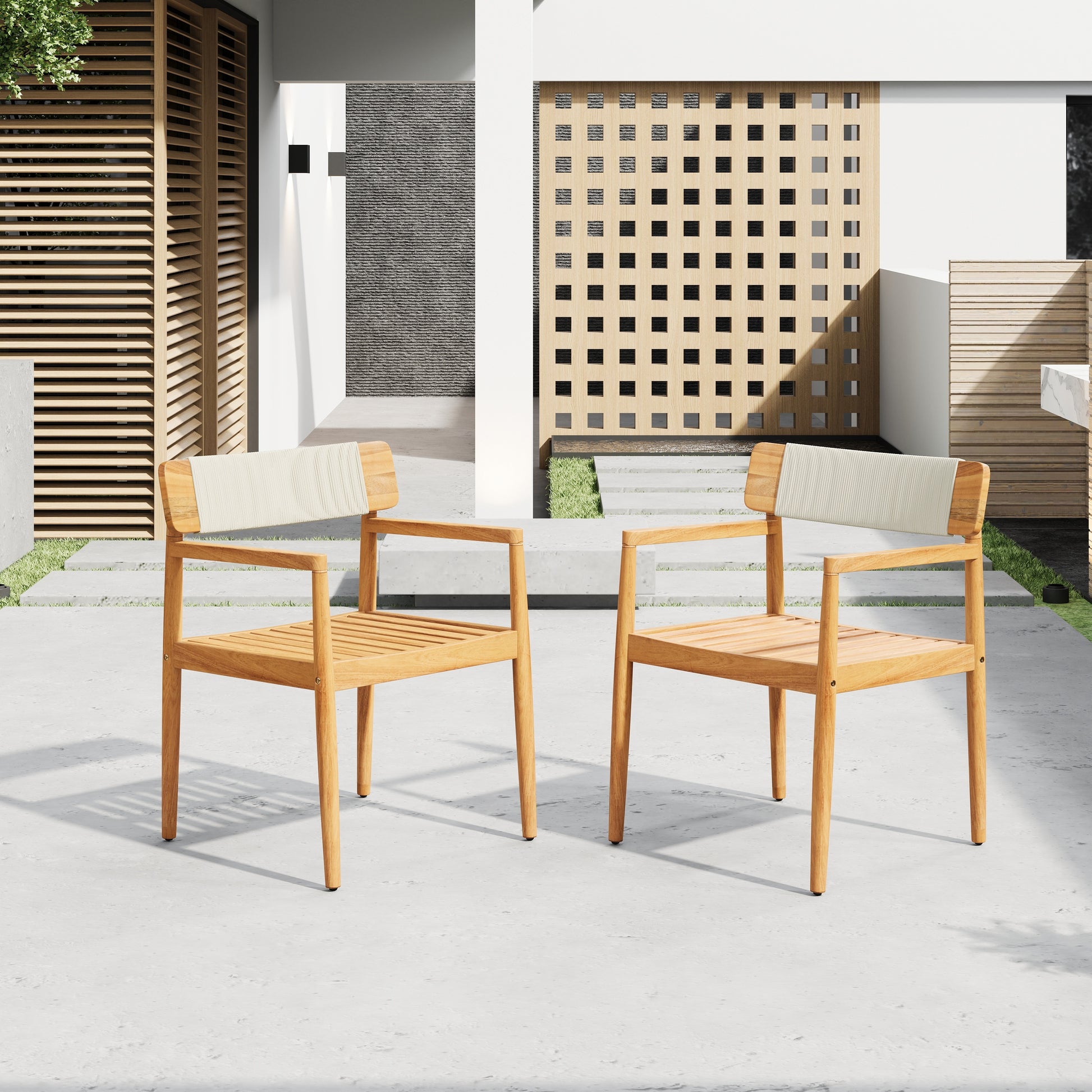 Creative Braided Acacia Wood Outdoor Dining Table and Chairs with Armrests, Teak Look & White Rope, Set of 2