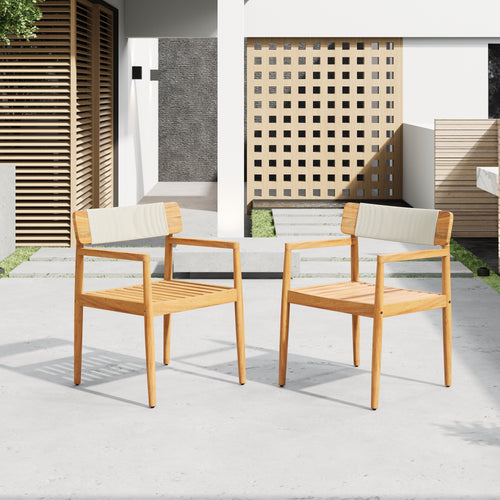 Creative Braided Acacia Wood Outdoor Dining Table and Chairs with Armrests, Teak Look & White Rope, Set of 2