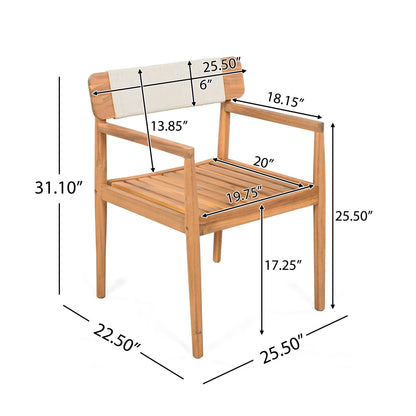 Creative Braided Acacia Wood Outdoor Dining Table and Chairs with Armrests, Teak Look & White Rope, Set of 2