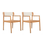 Creative Braided Acacia Wood Outdoor Dining Table and Chairs with Armrests, Teak Look & White Rope, Set of 2