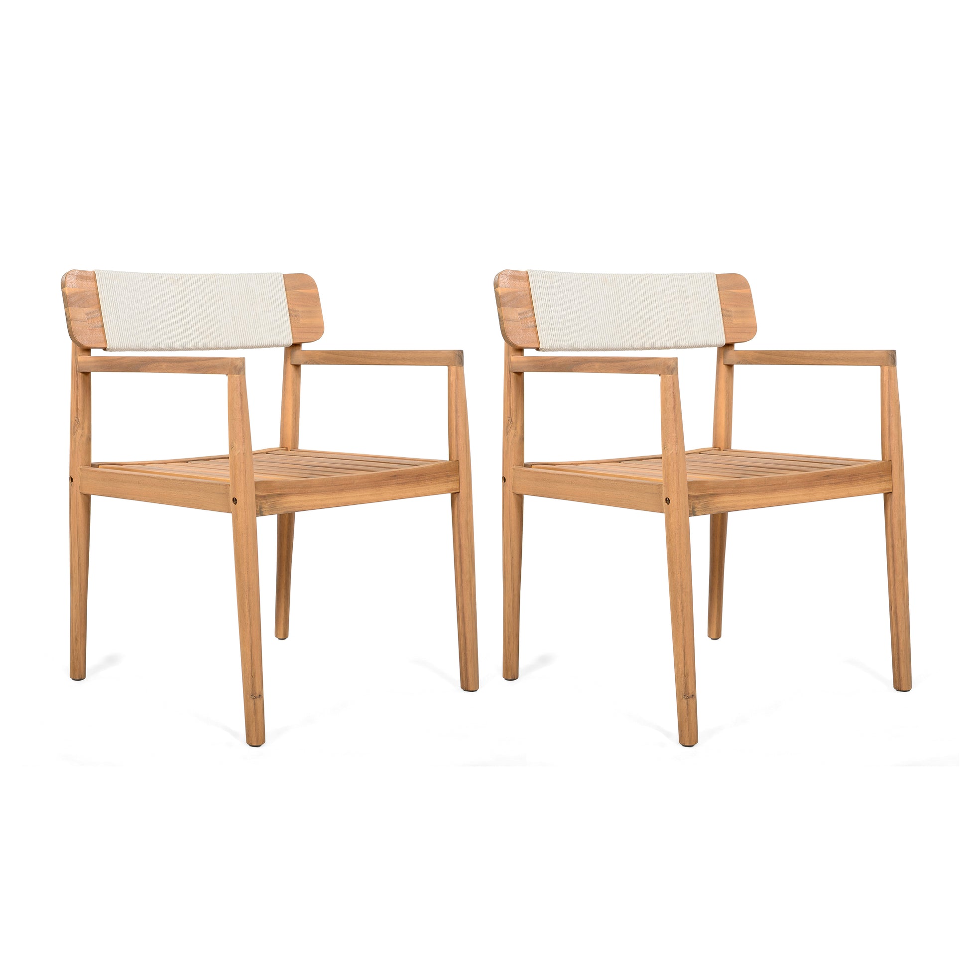 Creative Braided Acacia Wood Outdoor Dining Table and Chairs with Armrests, Teak Look & White Rope, Set of 2