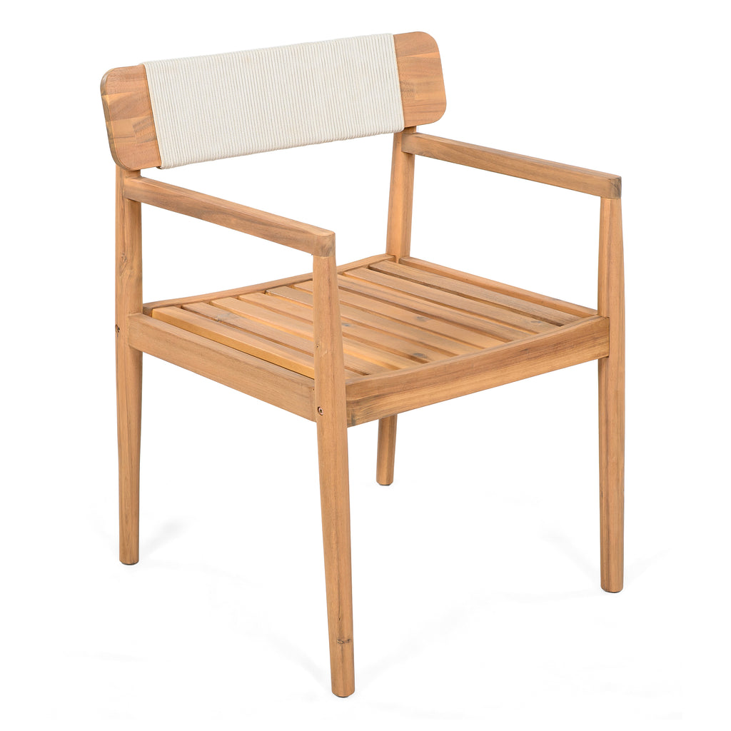 Creative Braided Acacia Wood Outdoor Dining Table and Chairs with Armrests, Teak Look & White Rope, Set of 2