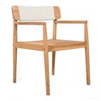 Creative Braided Acacia Wood Outdoor Dining Table and Chairs with Armrests, Teak Look & White Rope, Set of 2