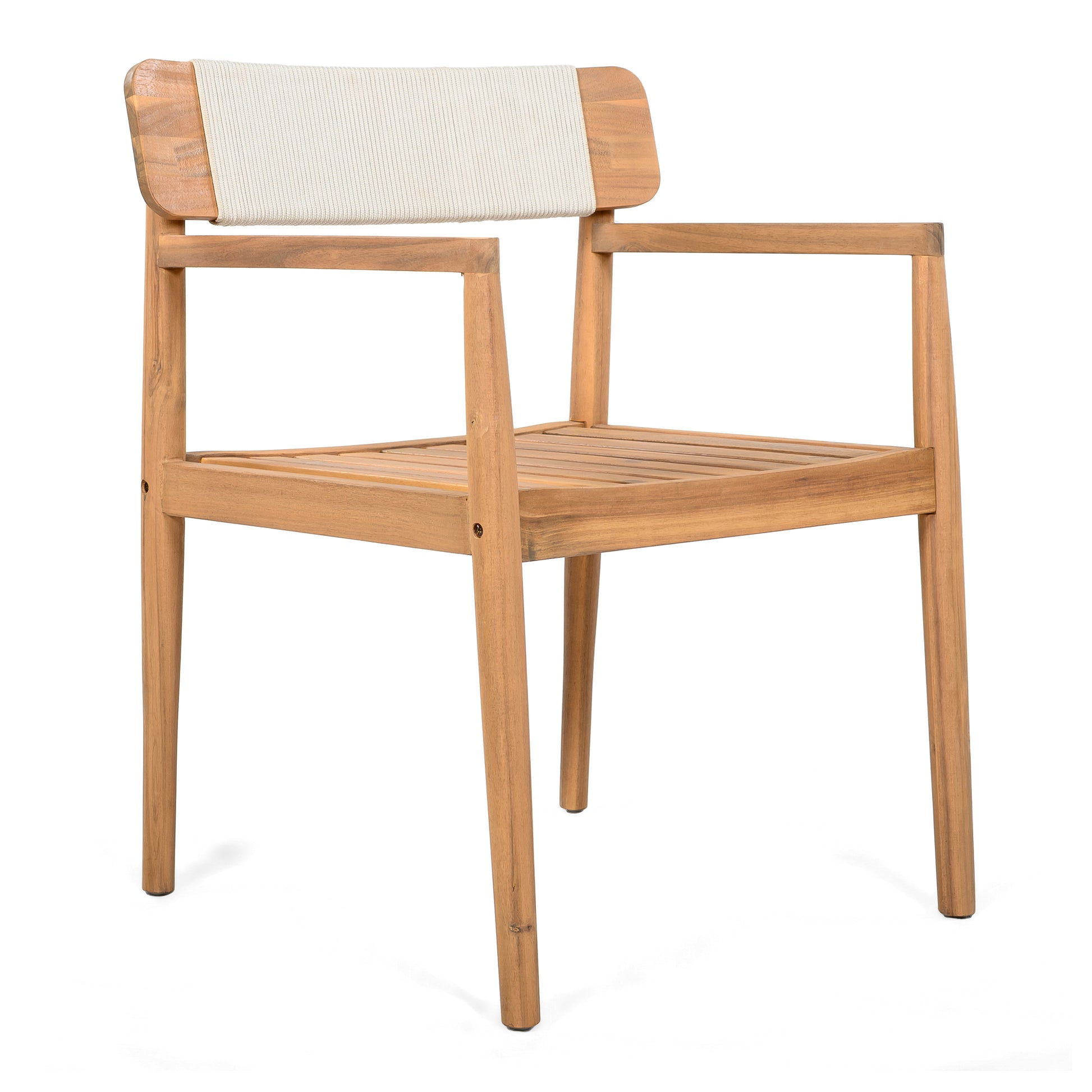 Creative Braided Acacia Wood Outdoor Dining Table and Chairs with Armrests, Teak Look & White Rope, Set of 2