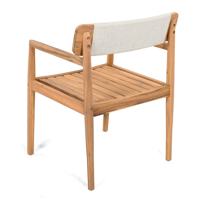 Creative Braided Acacia Wood Outdoor Dining Table and Chairs with Armrests, Teak Look & White Rope, Set of 2