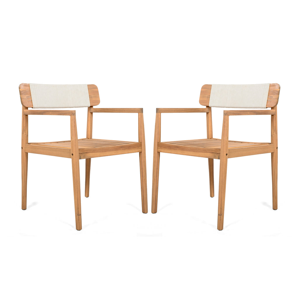 Creative Braided Acacia Wood Outdoor Dining Table and Chairs with Armrests, Teak Look & White Rope, Set of 2