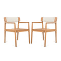 Creative Braided Acacia Wood Outdoor Dining Table and Chairs with Armrests, Teak Look & White Rope, Set of 2