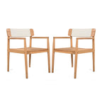 Creative Braided Acacia Wood Outdoor Dining Table and Chairs with Armrests, Teak Look & White Rope, Set of 2