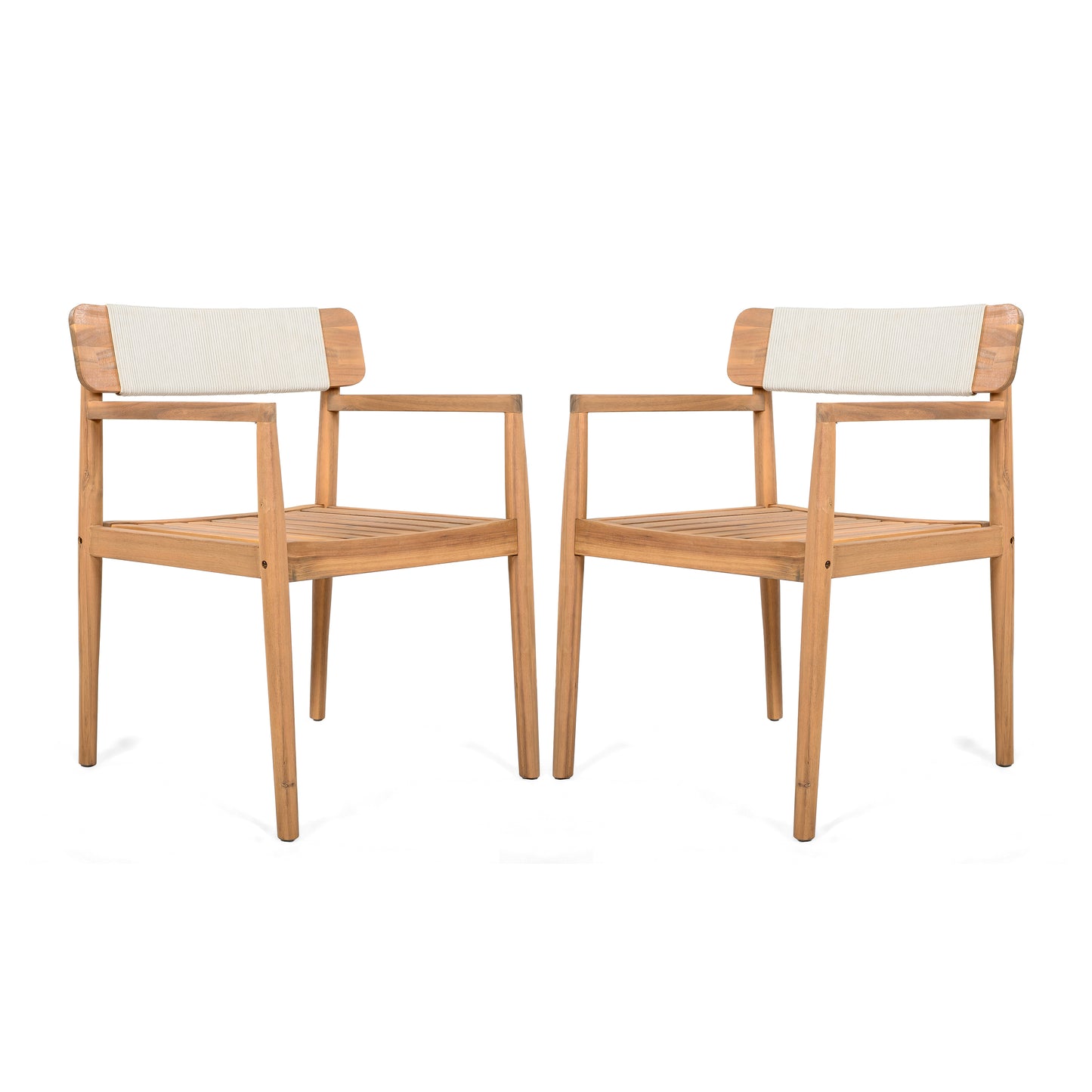 Creative Braided Acacia Wood Outdoor Dining Table and Chairs with Armrests, Teak Look & White Rope, Set of 2