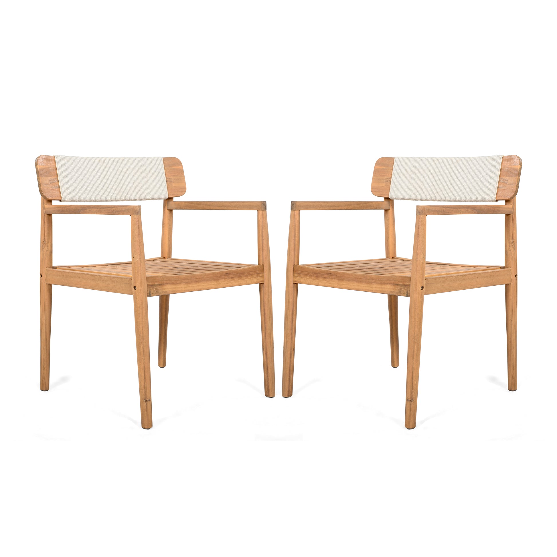 Creative Braided Acacia Wood Outdoor Dining Table and Chairs with Armrests, Teak Look & White Rope, Set of 2