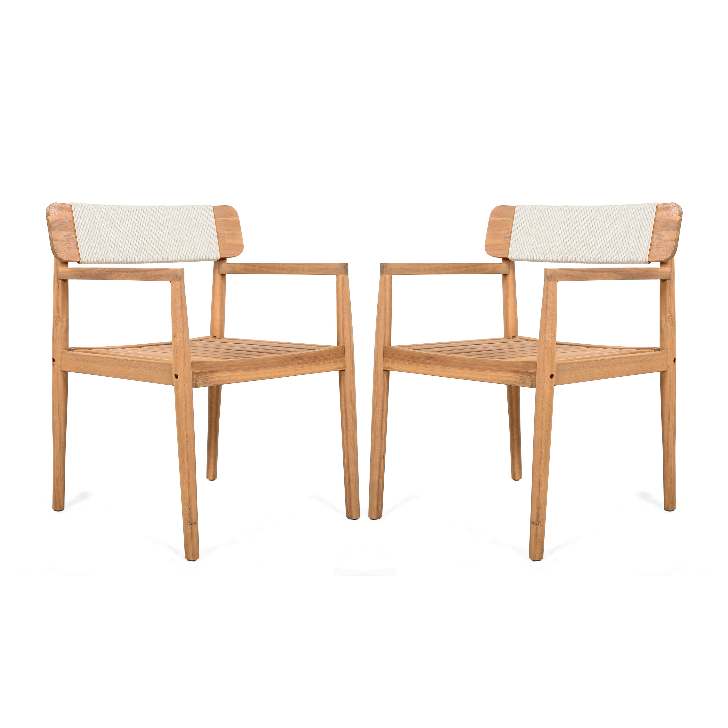 Creative Braided Acacia Wood Outdoor Dining Table and Chairs with Armrests, Teak Look & White Rope, Set of 2