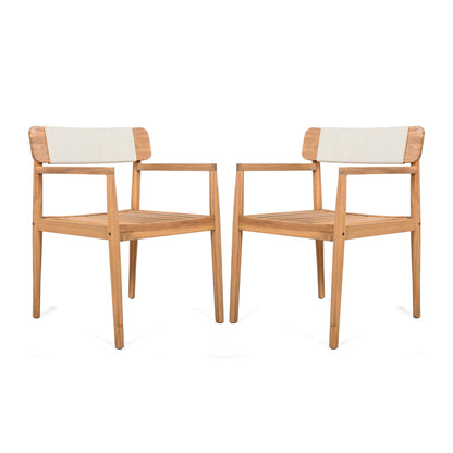Creative Braided Acacia Wood Outdoor Dining Table and Chairs with Armrests, Teak Look & White Rope, Set of 2