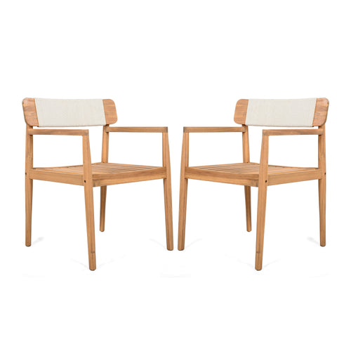 Creative Braided Acacia Wood Outdoor Dining Table and Chairs with Armrests, Teak Look & White Rope, Set of 2