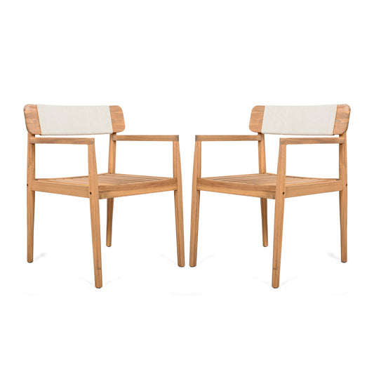 Creative Braided Acacia Wood Outdoor Dining Table and Chairs with Armrests, Teak Look & White Rope, Set of 2