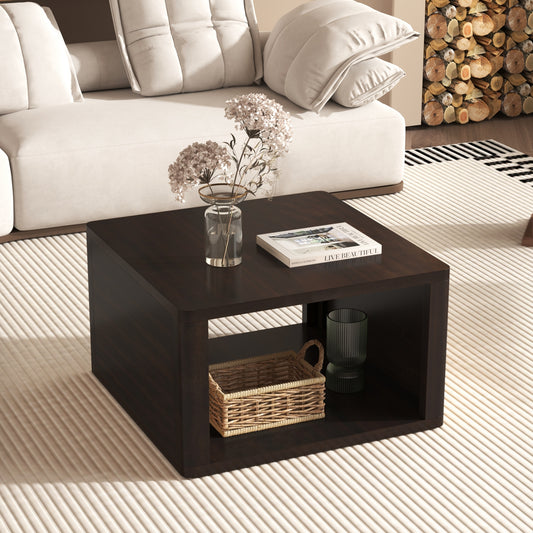 Square Coffee Table for Living Room in Dark Brown Farmhouse Coffee Table with Storage,2-Tier Center Table with Half Open Storage Compartment in 30.8'