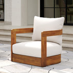 Premium Acacia Wood Outdoor Club Chair, Curved Tub Design, Water-Resistant Cushions, All-Weather Slat Construction