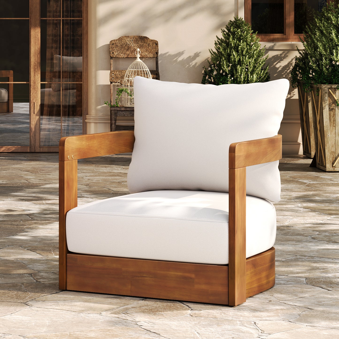 Premium Acacia Wood Outdoor Club Chair, Curved Tub Design, Water-Resistant Cushions, All-Weather Slat Construction