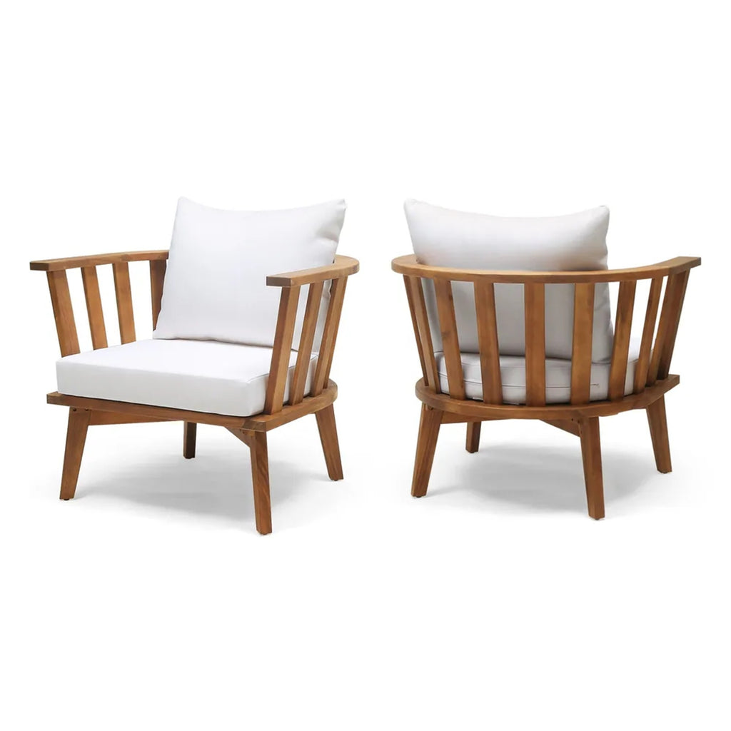 Set of 2, Outdoor Acacia Wood Patio Club Chair, Wooden Patio Furniture,Waterproof Thick Cushion Deep Seating for Porch, Garden, Backyard, Balcony, Weight Capacity 400lbs, Teak Finish, White