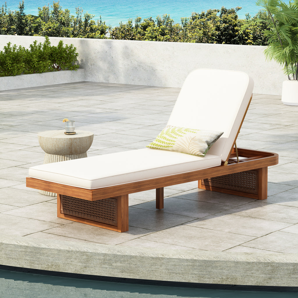 Outdoor Lounge Chair - Acacia Wood & PE Rattan Design with White Cushion