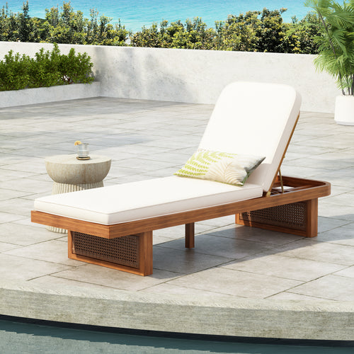 Outdoor Lounge Chair - Acacia Wood & PE Rattan Design with White Cushion
