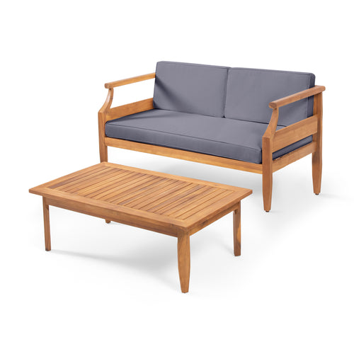 Aston Acacia Wood Outdoor Loveseat Set_Loveseat&Coffee Table - Teak Finish + Dark Gray Cushion