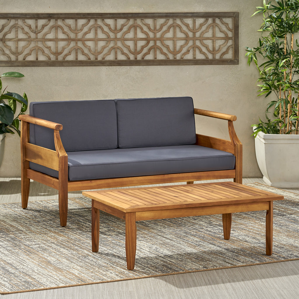 Aston Acacia Wood Outdoor Loveseat Set_Loveseat&Coffee Table - Teak Finish + Dark Gray Cushion