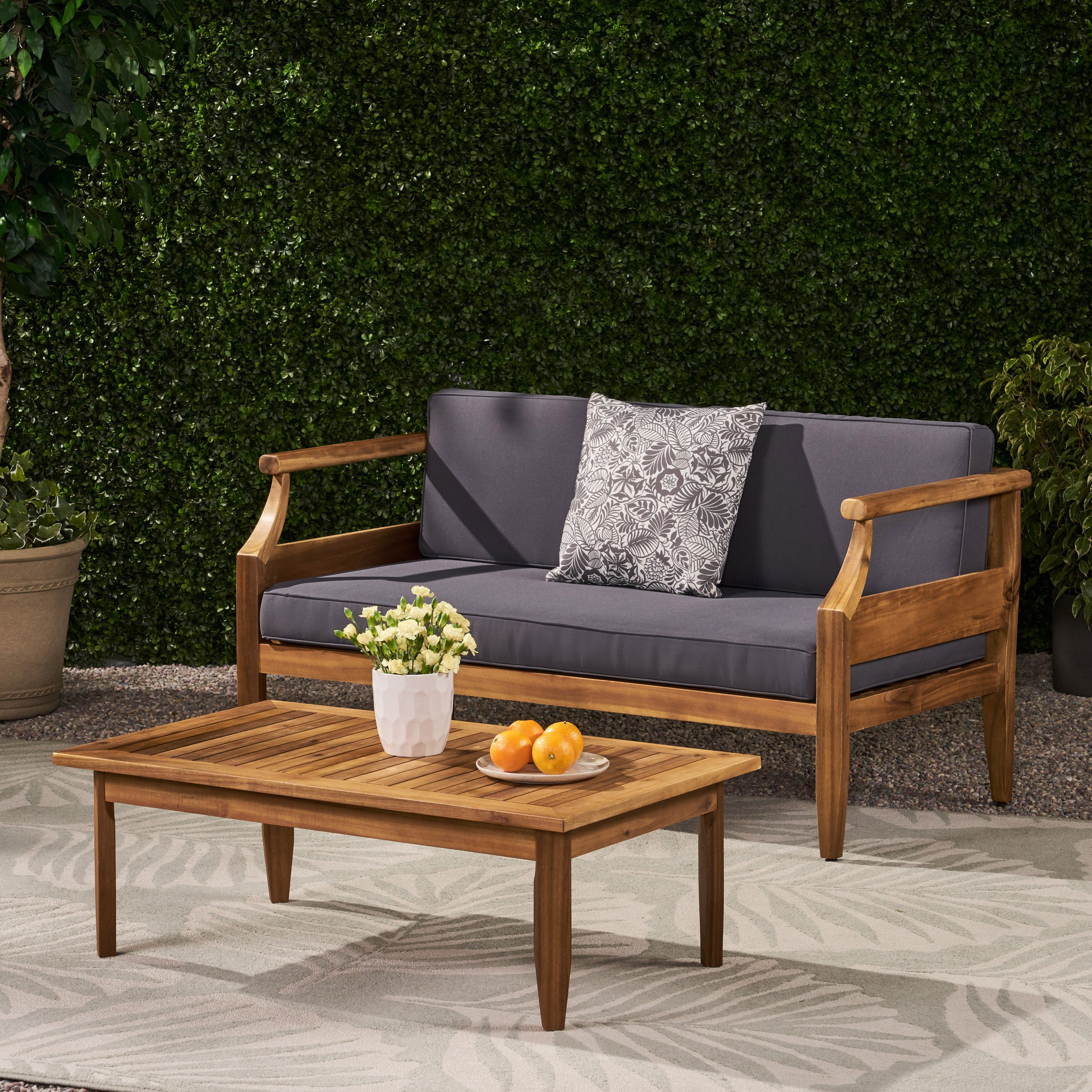Aston Acacia Wood Outdoor Loveseat Set_Loveseat&Coffee Table - Teak Finish + Dark Gray Cushion