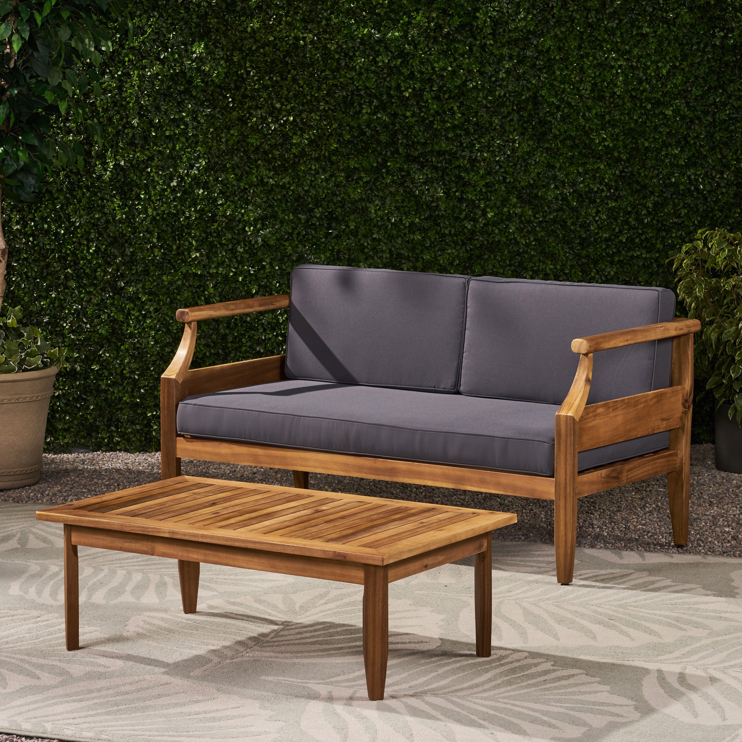 Aston Acacia Wood Outdoor Loveseat Set_Loveseat&Coffee Table - Teak Finish + Dark Gray Cushion