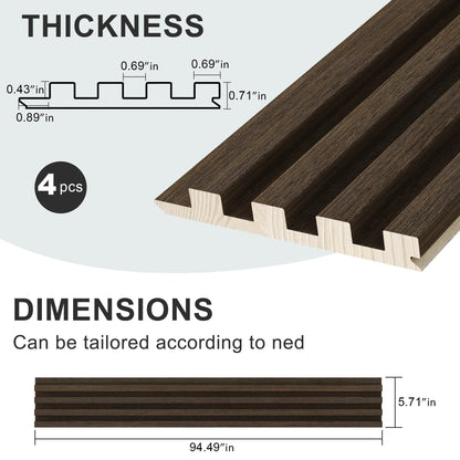 4 Packs 94.5' x 5.7' Solid Wood Panels for Wall, Acoustic Wood Slat Wall Panels for Interior Wall Decor,TV Background, Living Room (Smoking Walnut)