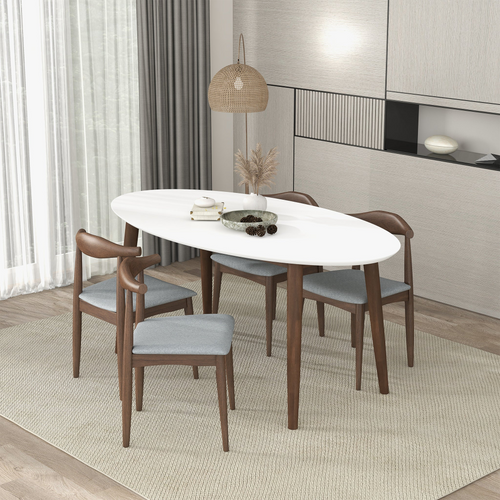 Ada Mid Century Modern Style Solid Wood White Top Oval Dining Table and 4 Side Chairs