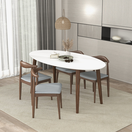 Ada Mid Century Modern Style Solid Wood White Top Oval Dining Table and 4 Side Chairs