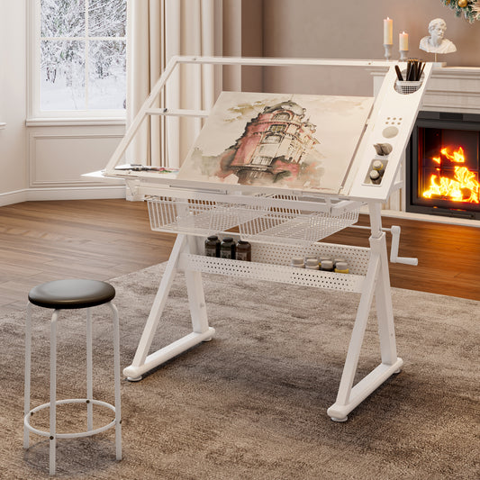 Hand crank adjustable tempered glass drafting drawing and printing table with chair and storage space for living room, study, bedroom(white)