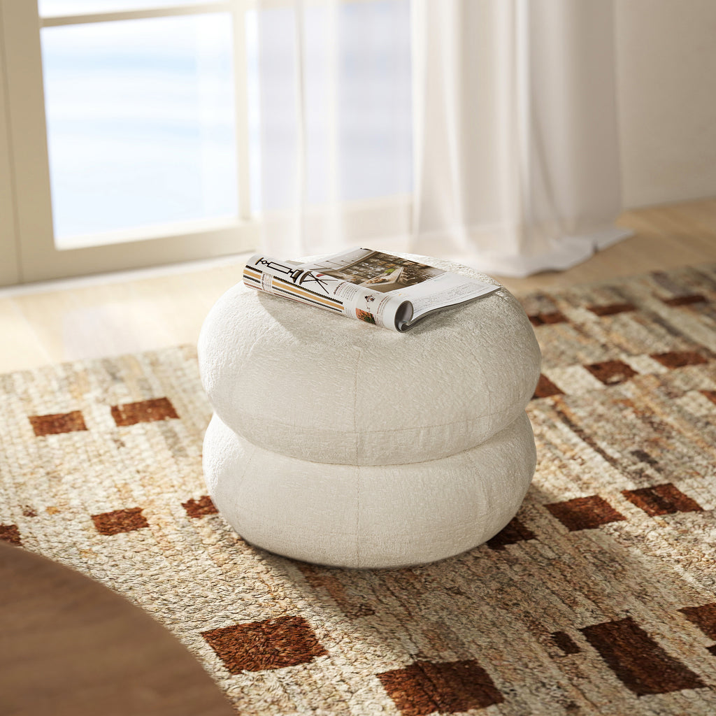 Nest 19.5' Low Round Upholstered Ottoman, Almond White Chenille