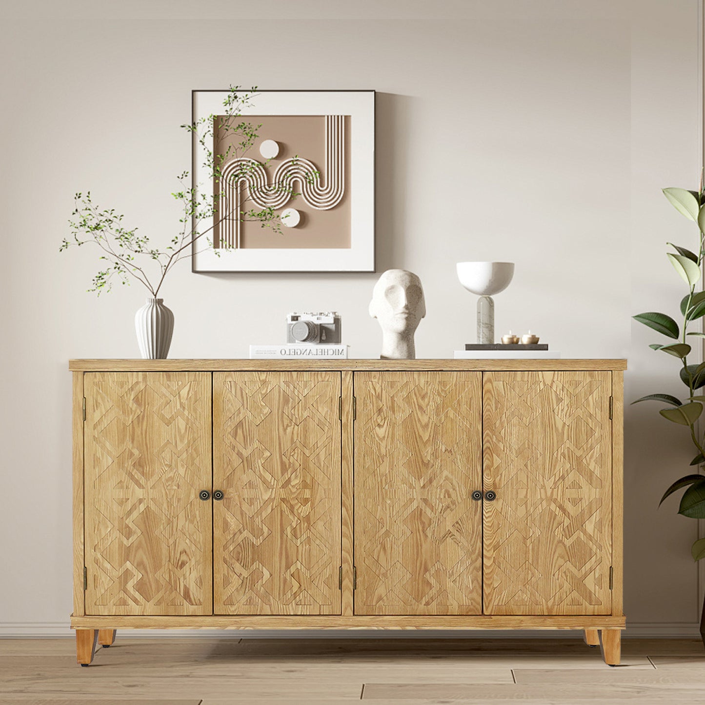 59' Brown Accent Cabinet with 4 Doors, Natural Wood Buffet Cabinet, Media Cabinet, Console Cabinet, Cabinet for Entryway, Living Room, Bedroom, Dining Room