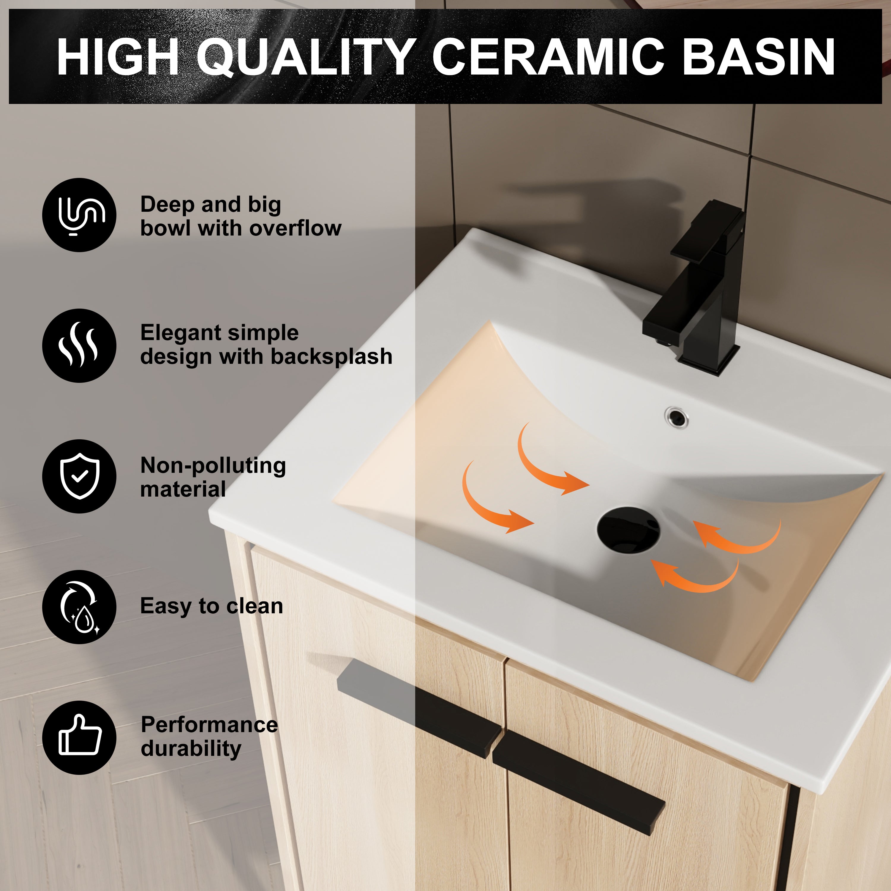 24 Inch Bathroom Vanity Base with basin, Storage Cabinet with Doors, Engineered Wood