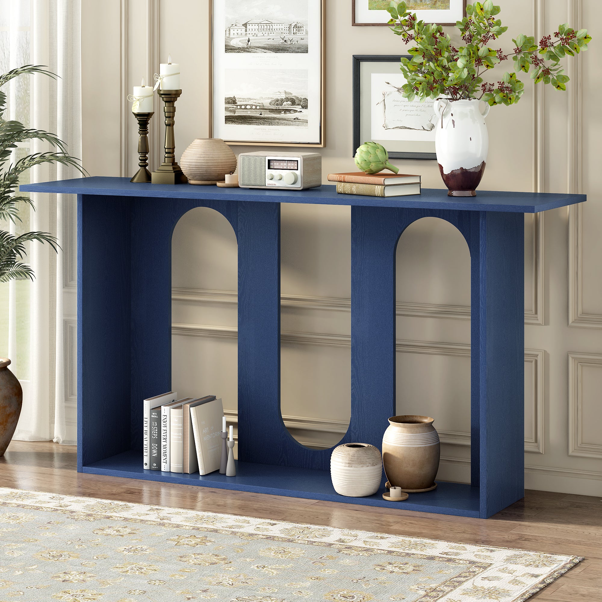 U_STYLE Modern and Curved Design Ash Veneer Console Table with Shelf,Suitable for Entryway,Hallway Living Room,Foyer,Corridor