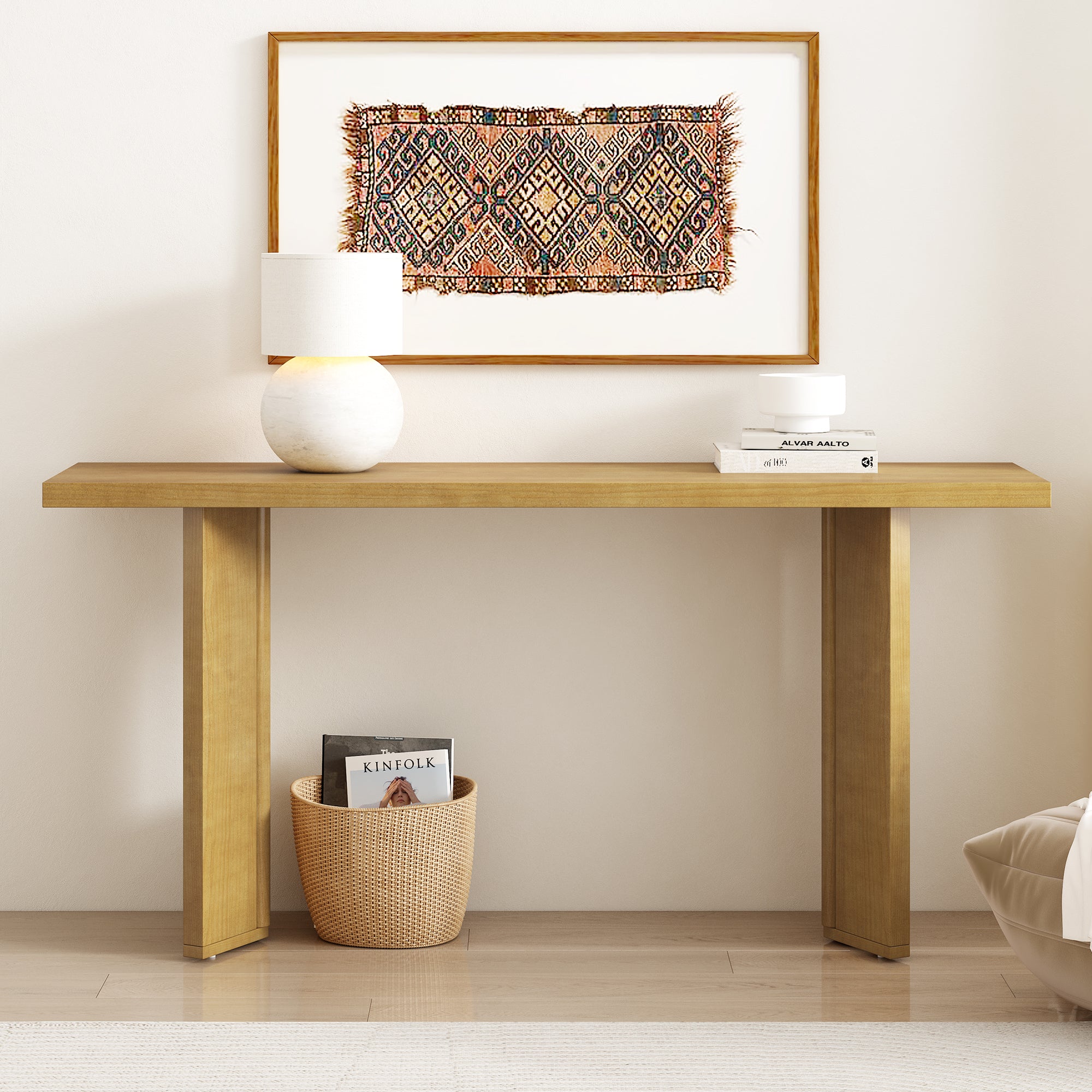 U_STYLE Stylish Console Table with Pine Veneer and Geometric Legs,Suitable for Living Room, Study and Dining Room
