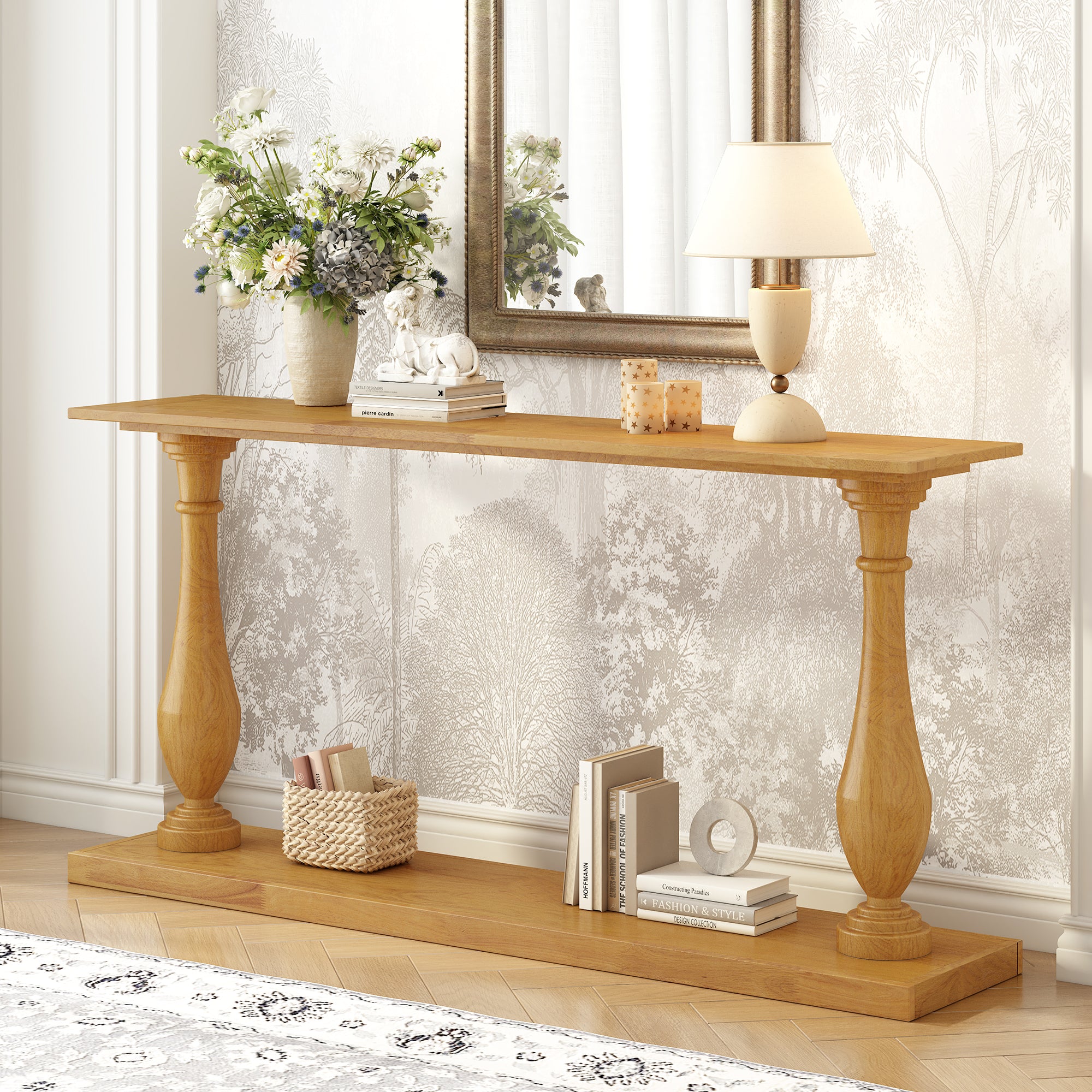 U_STYLE Vintage Sofa Table Console Table with Luxurious Pine Veneer and Elegance Vase-Leg Design,for Living Room Study room Entryway Bedroom
