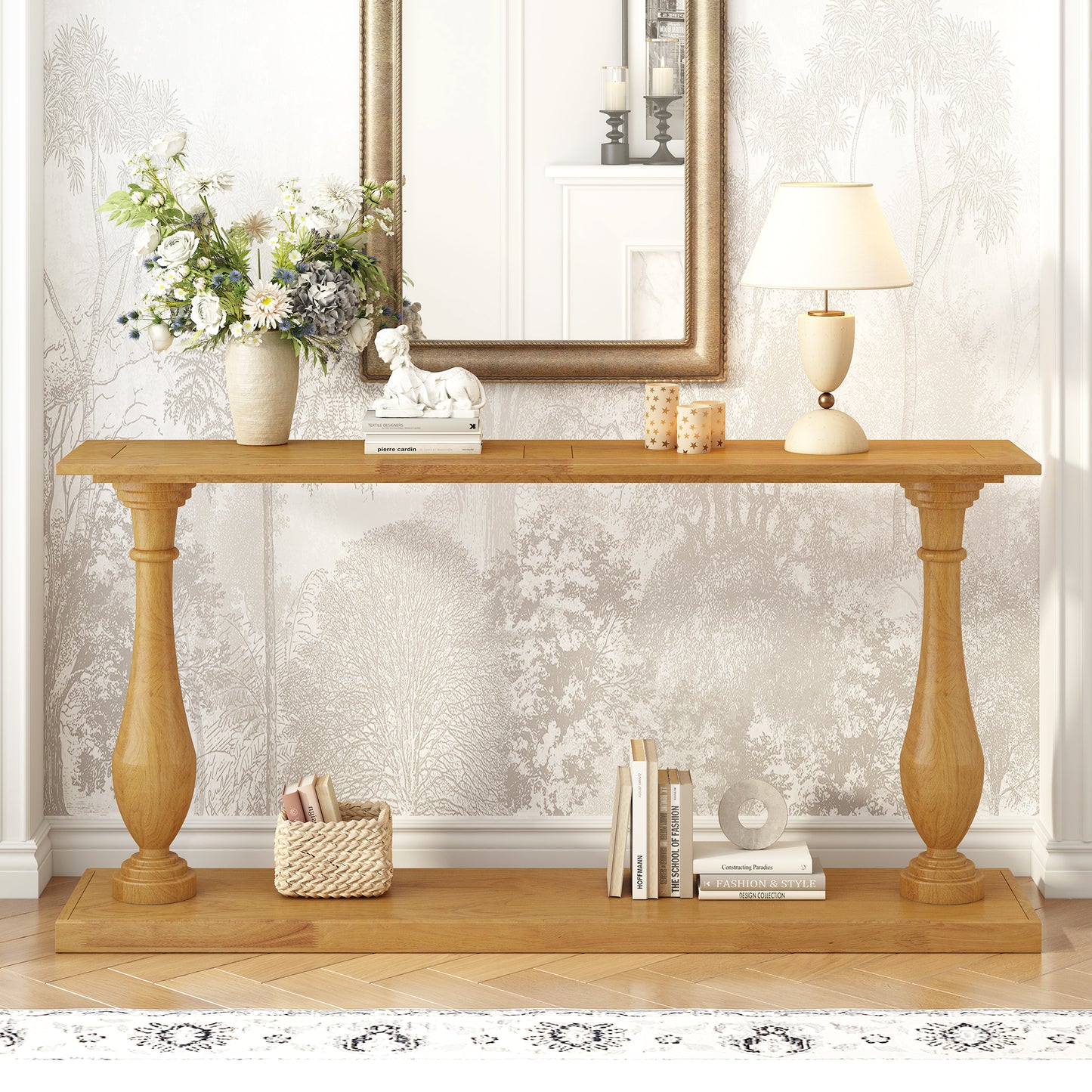 U_STYLE Vintage Sofa Table Console Table with Luxurious Pine Veneer and Elegance Vase-Leg Design,for Living Room Study room Entryway Bedroom