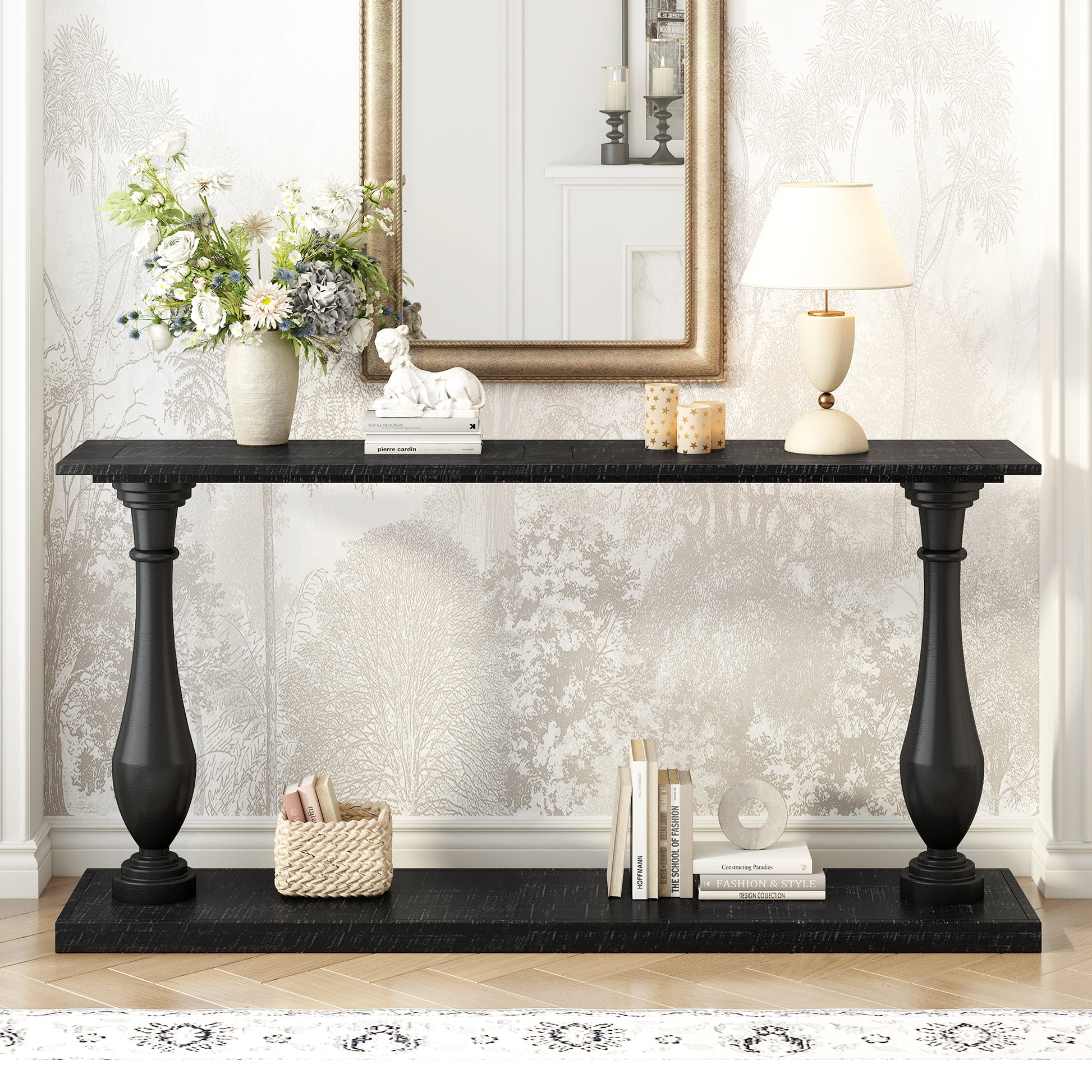 U_STYLE Vintage Sofa Table Console Table with Luxurious Pine Veneer and Elegance Vase-Leg Design,for Living Room Study room Entryway Bedroom