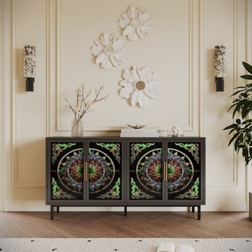 60.3 'Decorative Cabinet with 4 doors, Painted glass metal iron frame Buffet Cabinet, Artistic storage Cabinet, Entrance Cabinet, Living room, Bedroom, Dining room Sideboard