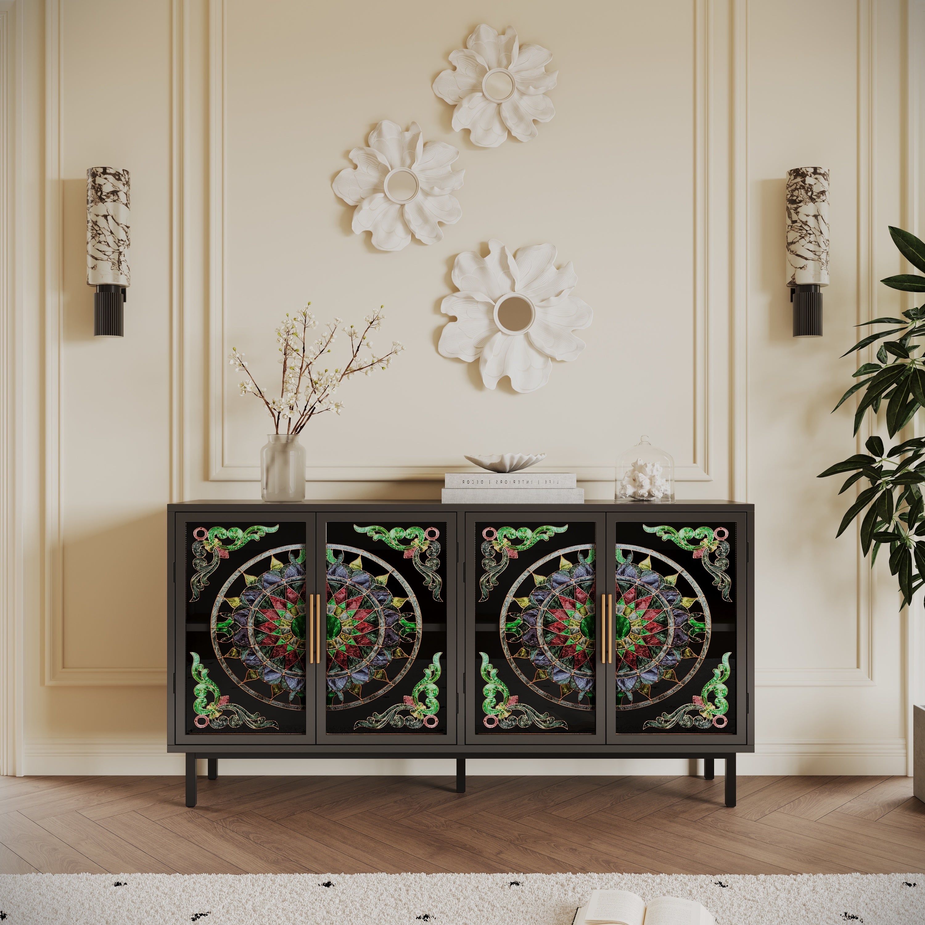 60.3 'Decorative Cabinet with 4 doors, Painted glass metal iron frame Buffet Cabinet, Artistic storage Cabinet, Entrance Cabinet, Living room, Bedroom, Dining room Sideboard